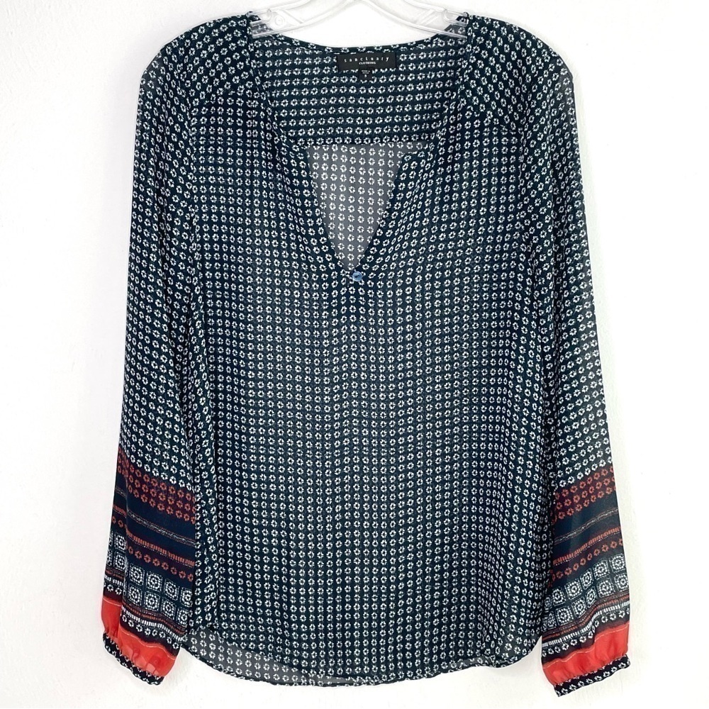SANCTUARY Boho Print Patterned Semi-Sheer Long Sleeve Blouse Women's Small